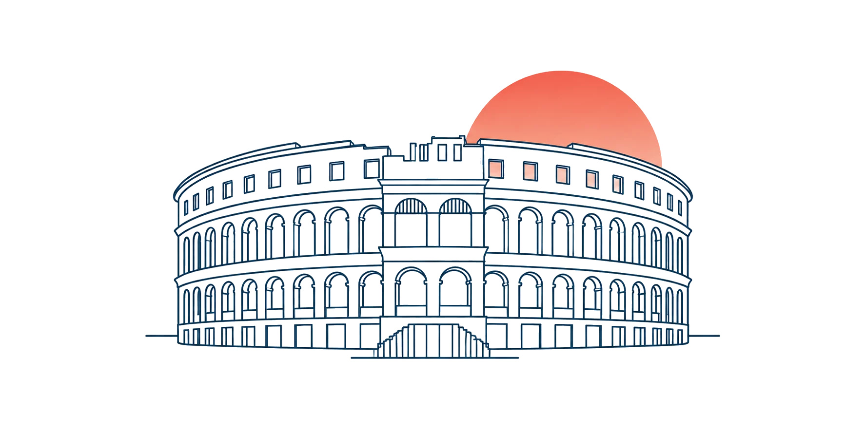 Ilustracija pulske Arene s crvenim suncem