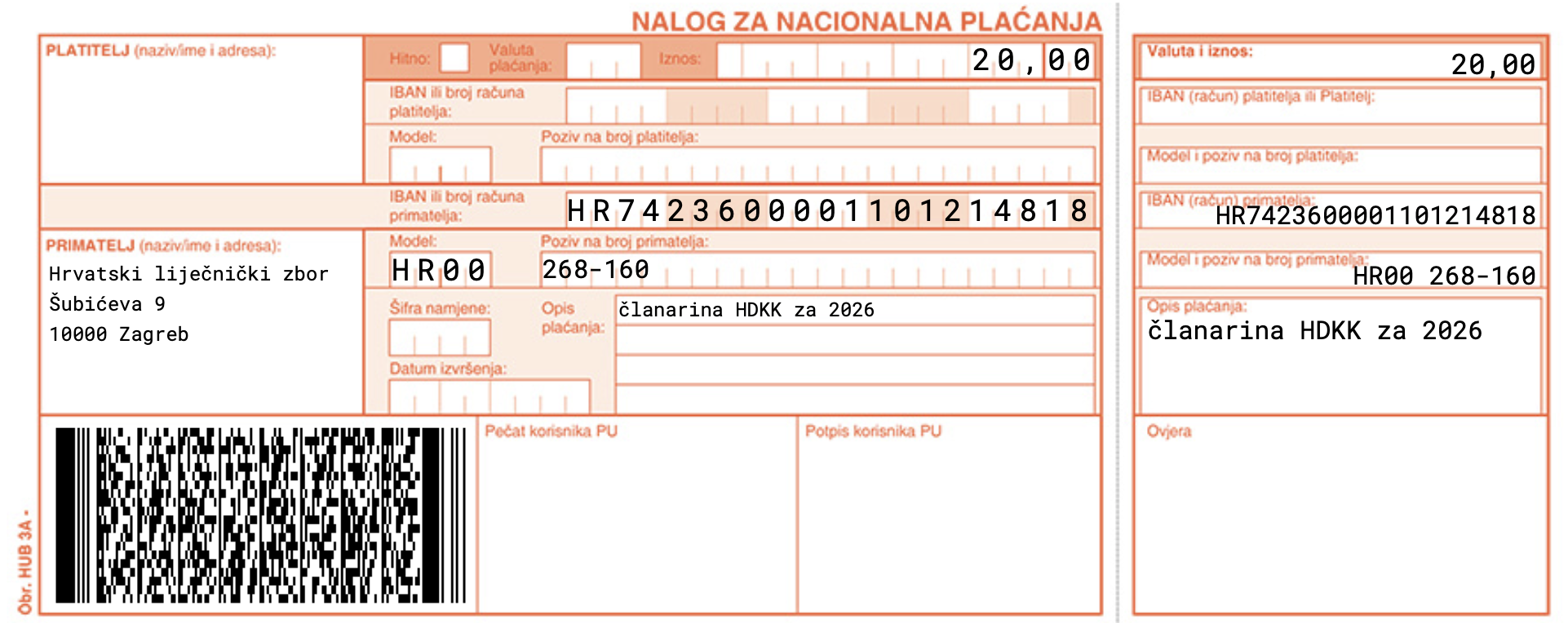 2D kod za uplatu članarine HDKK